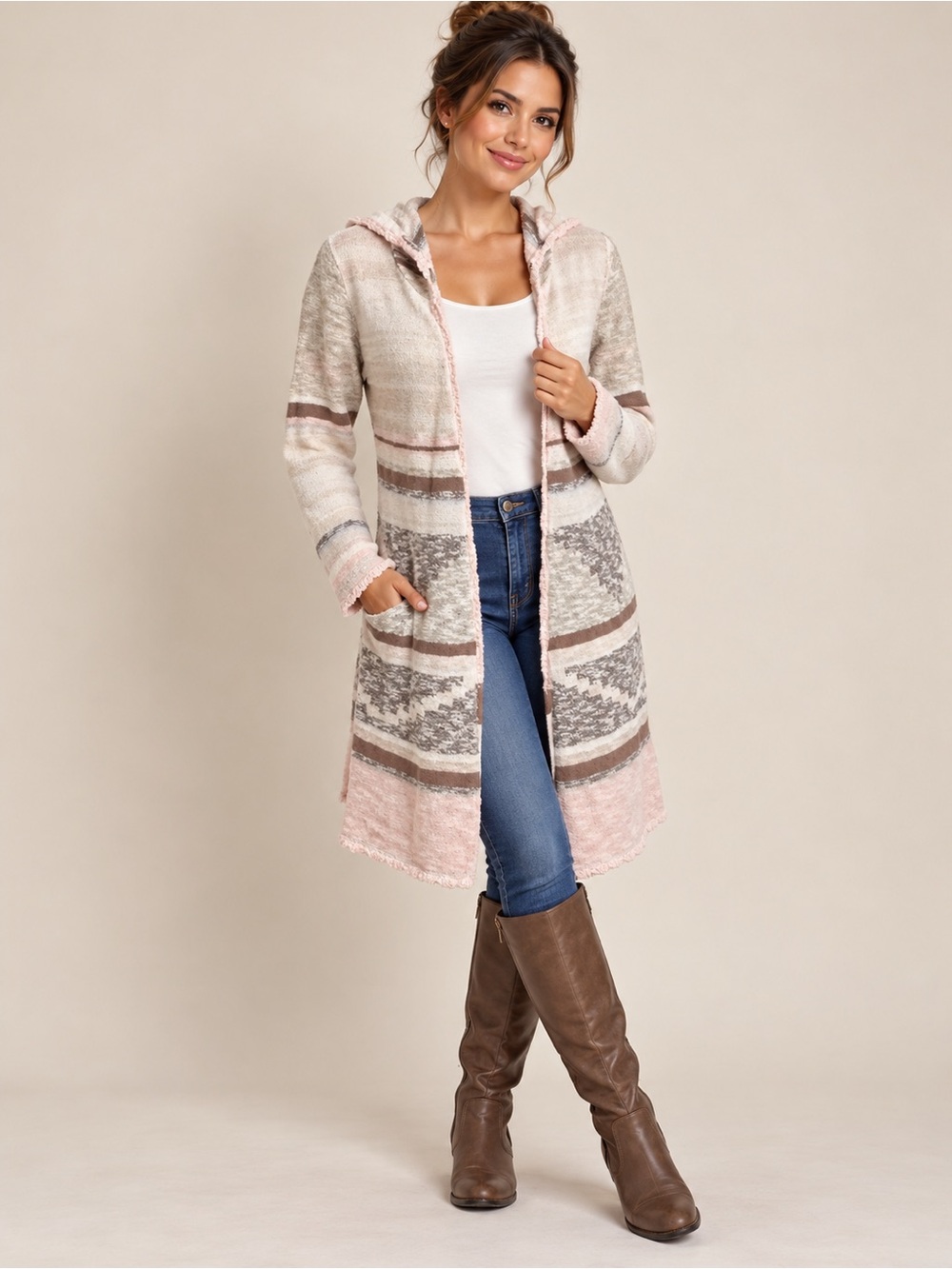 Mudd Aztec Hooded Long Cardigan Duster Silver Peony NWT Medium